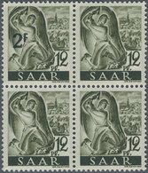 20694 Saarland (1947/56): 1947, 2 Fr. Auf 12 Pfg. Schwarzgrauoliv, Postfrischer 4-er Block Mit Nur Einmal - Ungebraucht