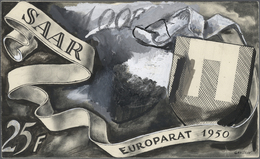 20731 Saarland (1947/56): 1950, "Aufnahme Des Saarlandes In Den Europarat", Künstlerentwurf In Wasserfarbe - Ongebruikt