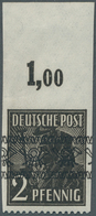 20754 Bizone: 1948, Bandaufdruck 2 Pfg. Platten-Oberrandstück Dreiseitig UNGEZÄHNT Nur Unten Gezähnt, Einw - Sonstige & Ohne Zuordnung