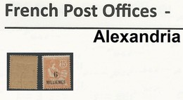 EGYPT FRANCE ISSUE FRENCH POST OFFICES 1921 - 1923  ALEXANDRIA / ALEXANDRIE 6 M ON 15 CENT MNH YELLOW ORANGE SG 57 - 1915-1921 Protettorato Britannico