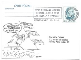 CARTE POSTALE / TIMBROFLAMMES / MONTE CARLO 1991 / FLAMME IIIeme BIENNALE DE SCULPTURE - Lettres & Documents
