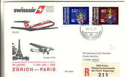 50 Jahre Zürich Paris 1981 - Vaduz Registered Recommandé - Swissair - Brieven En Documenten