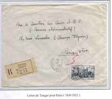 Maroc Morocco Marruecos Marokko Lettre Recommandée Tanger 16/6/1952 Registered Cover Carta Belege - Lettres & Documents
