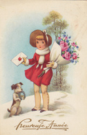 Carte Postale Ancienne,bonne Année,heureuse Année,chien,fer à Cheval,port Bonheur,fille,fillette,fleur,robe Rouge,neige - Chiens