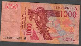 W.A.S. LETTER A IVORY COAST  P115Ak 1000 FRANCS (20)11 F-VF NO P.h. ! - West African States