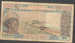 W.A.S. LETTER A IVORY COAST  P108Ap  5000 FRANCS 1987 F-VF NO P.h. ! - West African States