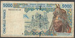 W.A.S. LETTER A IVORY COAST  P113Ah  5000 FRANCS (19)98 Signature 29 F-VF Only 1 P.h. ! - États D'Afrique De L'Ouest