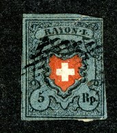 W6840  Swiss 1850  Scott #7 (o) SCV $450. -  3 Margins  Average - Offers Welcome - 1843-1852 Federal & Cantonal Stamps