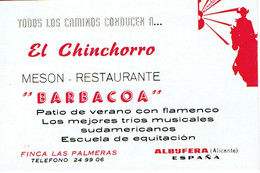 Carte De Visite El Chinchorro Meson Restaurante "Barbacoa", Finca Las Palmeras, Albufera (années 1970) - Visiting Cards