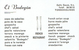 Carte De Visite El Bodegon French Restaurant, Calle Cauce, Torremolinos  (années 1970) - Visitekaartjes