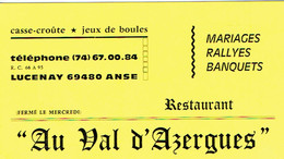 Carte De Visite Restaurant Au Val D'Azergues, Lucenay, Anse (vers 1970) - Visitekaartjes