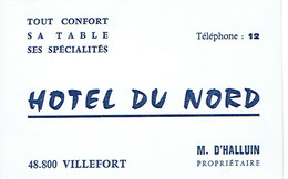 Carte De Visite Hôtel Du Nord, M. D'Halluin Propriétaire, Villefort (vers 1970) - Tarjetas De Visita