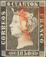 179 1850. º 1A. 6 Cuartos Negro (II-28). Matasello Prefilatélico "1 R", En Rojo De Origen Desconocido (la Segunda Parte  - Other & Unclassified