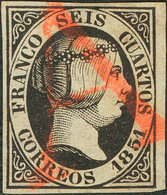 196 1851. º 6. 6 Cuartos Negro. Matasello Prefilatélico "A", En Rojo De Badajoz. MAGNIFICO Y RARISIMO. Cert. COMEX. - Autres & Non Classés