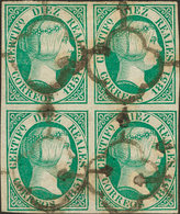 205 1851. º 11(4). 10 Reales Verde, Bloque De Cuatro. Matasello ARAÑA. MAGNIFICO Y RARISIMO, ESPECIALMENTE EN ESTA CALID - Sonstige & Ohne Zuordnung