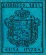 226 1854. * 31P. 1 Onza Negro Sobre Azul. ENSAYO DE COLOR. MAGNIFICO Y RARO, NO RESEÑADO. - Other & Unclassified