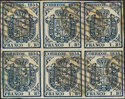 230 1854. º 34(6). 1 Real Azul Oscuro, Bloque De Seis. MAGNIFICO Y RARISIMO BLOQUE DE SEIS, DE GRAN CALIDAD CON UNOS MAR - Sonstige & Ohne Zuordnung