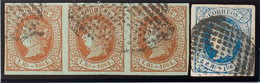 264 1864. º 67(3), 68. Conjunto Del 1 Real Castaño, Tira De Tres Y 2 Reales Azul, Ambas Piezas Inutilizadas Con Matasell - Andere & Zonder Classificatie