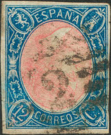 269 1865. º 70ei. 12 Cuartos Azul Y Rosa (leve Reparación). Variedad MARCO INVERTIDO. MAGNIFICO. Edifil 2015: 1575? - Other & Unclassified