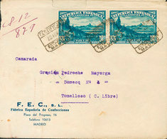 515 1938. Sobre 757(2). 45 Cts + 2 Pts Azul, Dos Sellos. Certificado De MADRID A TOMELLOSO. Al Dorso Llegada. MAGNIFICA  - Otros & Sin Clasificación