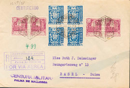 673 1947. Sobre 966(4), 977(4). 75 Cts Azul, Bloque De Cuatro Y 20 Cts Lila, Cuatro Sellos. Certificado De PALMA DE MALL - Otros & Sin Clasificación