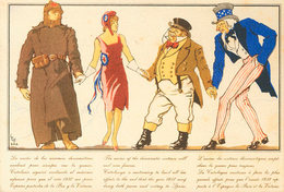 993 (1938ca). Tarjeta Postal Ilustrada Con Caricaturas Representativas De Estados Unidos, Gran Bretaña, Francia Y Rusia. - Sonstige & Ohne Zuordnung