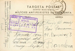 1004 1937. (26 De Marzo). Tarjeta Postal De Ida Del SERVEI NACIONAL MILICIES ANTIFEIXISTES DE CATALUÑA De HIJAR (TERUEL) - Autres & Non Classés