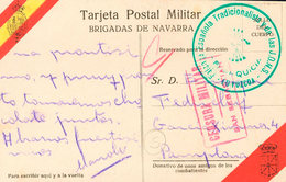 1014 1937. Tarjeta Postal Militar BRIGADAS DE NAVARRA De CAMPO DE CASO (ASTURIAS) A PAMPLONA. Marca De Franquicia FALANG - Otros & Sin Clasificación