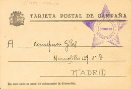 1031 1937. Tarjeta Postal De Campaña Dirigida A MADRID. Marca De Franquicia 1º BATALLON DE LA / BRIGADA MIXTA, Con Forma - Otros & Sin Clasificación