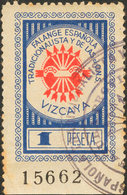 1075 1939. 1 Pts Azul Y Rojo. VIZCAYA. FALANGE ESPAÑOLA TRADICIONALISTA Y DE LAS J.O.N.S. MAGNIFICO Y RARO. - Otros & Sin Clasificación