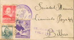 1116 1937. Sobre 2, 683, 726. 5 Cts Violeta, 15 Cts Gris Pizarra Y 30 Cts Carmín. LASTRES A BILBAO. Dos Marcas De Censur - Asturies & Leon