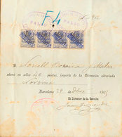 1127 1905. Sobre 46Fa(4). 10 Pts Azul Violeta FALSO POSTAL TIPO I, Tira De Cuatro Sobre Documento. Inutilizados Con Fech - Telegramas