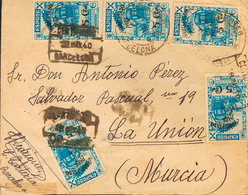 1132 1940. Sobre 36(5). 5 Cts Sobre 30 Cts Azul, Cinco Sellos. Certificado De BARCELONA A LA UNION (MURCIA). Al Dorso Ll - Altri & Non Classificati