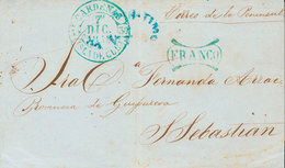 1159 1848. CARDENAS (CUBA) A SAN SEBASTIAN. Baeza CARDENAS / ISLA DE CUBA, En Azul Y Marcas FRANCO, En Azul De Cardenas  - Kuba (1874-1898)