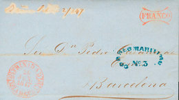 1177 1847. TRINIDAD A BARCELONA. Baeza TRINIDAD / ISLA DE CUBA, Marca FRANCO, En Rojo De Uso General De La Habana (P.E.1 - Cuba (1874-1898)