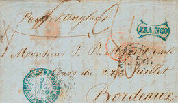 1214 1851. SANTIAGO DE CUBA A BURDEOS (FRANCIA). Baeza STIAGO DE CUBA / ISLA DE CUBA, Marca FRANCO, En Azul (P.E.9) Edic - Cuba (1874-1898)