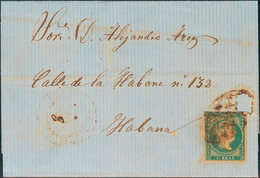 1236 1859. 1 Real Azul Verdoso De España. SAN ISIDRO DE AGUACATE (MEJICO) A LA HABANA. Matasello PARRILLA COLONIAL (eros - Cuba (1874-1898)