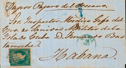 1238 (1855ca). Sobre 41. 1 Real Azul (margen Justo). CADIZ A LA HABANA. En El Frente Marca De Porte "½" (real) En Azul,  - Cuba (1874-1898)