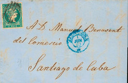 1239 1857. Sobre 45. 1 Real Azul Verdoso (sello Para La Península Con Las Lineas Cruzadas Rarísimo En Carta). BARCELONA  - Cuba (1874-1898)