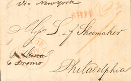 1280 1827. LA HABANA A PHILADELPHIA (U.S.A.). Fechador NEW-YORK, En Rojo Aplicado En Tránsito, Marca SHIP Y Porteo Manus - Kuba (1874-1898)
