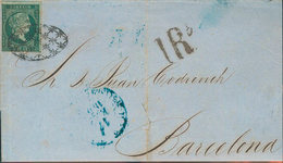 1289 1856. Sobre 1. ½ Real Verde Negruzco (doblez De Archivo). LA HABANA A BARCELONA. Corte De Desinfección Posiblemente - Cuba (1874-1898)