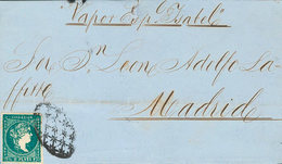 1293 1858. ½ Real Azul Verdoso. LA HABANA A MADRID. Matasello PARRILLA COLONIAL Y En El Frente Manuscrito "Vapor Español - Cuba (1874-1898)