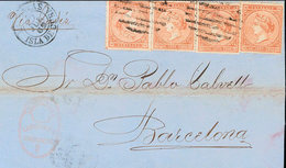 1311 1869. Sobre Ant.16(4). 10 Cts Castaño, Cuatro Sellos. MATANZAS A BARCELONA. Matasello PARRILLA (de Ocho Lineas). MA - Cuba (1874-1898)