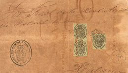 1320 (1866ca). Sobre 37(3). 4 Onzas Negro Sobre Verde, Tres Sellos. Plica Judicial (tonalizada) De MADRID A LA HABANA. M - Cuba (1874-1898)