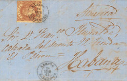 1324 1863. Sobre 61. 1 Real Castaño. LAREDO A LA HABANA. Matasello LAREDO / SANTANDER. MAGNIFICA Y RARA. - Cuba (1874-1898)