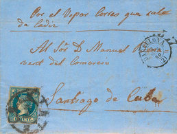 1326 1860. Sobre 55. 1 Real Azul. BARCELONA A SANTIAGO DE CUBA. Matasello R.CARRETA Nº2 Y En El Frente Manuscrito "Por E - Cuba (1874-1898)