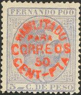1350 1884. * 11hcc. 50 Cts Sobre 5 Cts Azul Gris. Variedad CAMBIO DE COLOR EN LA SOBRECARGA, En Rojo. MAGNIFICO Y RARO.  - Fernando Poo