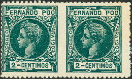 1369 1903. * 121sph. 2 Cts Verde, Pareja. Variedad SIN DENTAR ENTRE LOS SELLOS. MAGNIFICA Y EXTRAORDINARIAMENTE RARA. Ce - Fernando Po