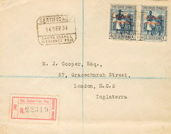 1386 1934. Sobre 238(2). 40 Cts Azul, Dos Sellos. Certificado De SANTA ISABEL A LONDRES (INGLATERRA). MAGNIFICA. - Guinea Española