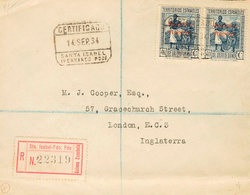 1386 1934. Sobre 238(2). 40 Cts Azul, Dos Sellos. Certificado De SANTA ISABEL A LONDRES (INGLATERRA). MAGNIFICA. - Guinée Espagnole